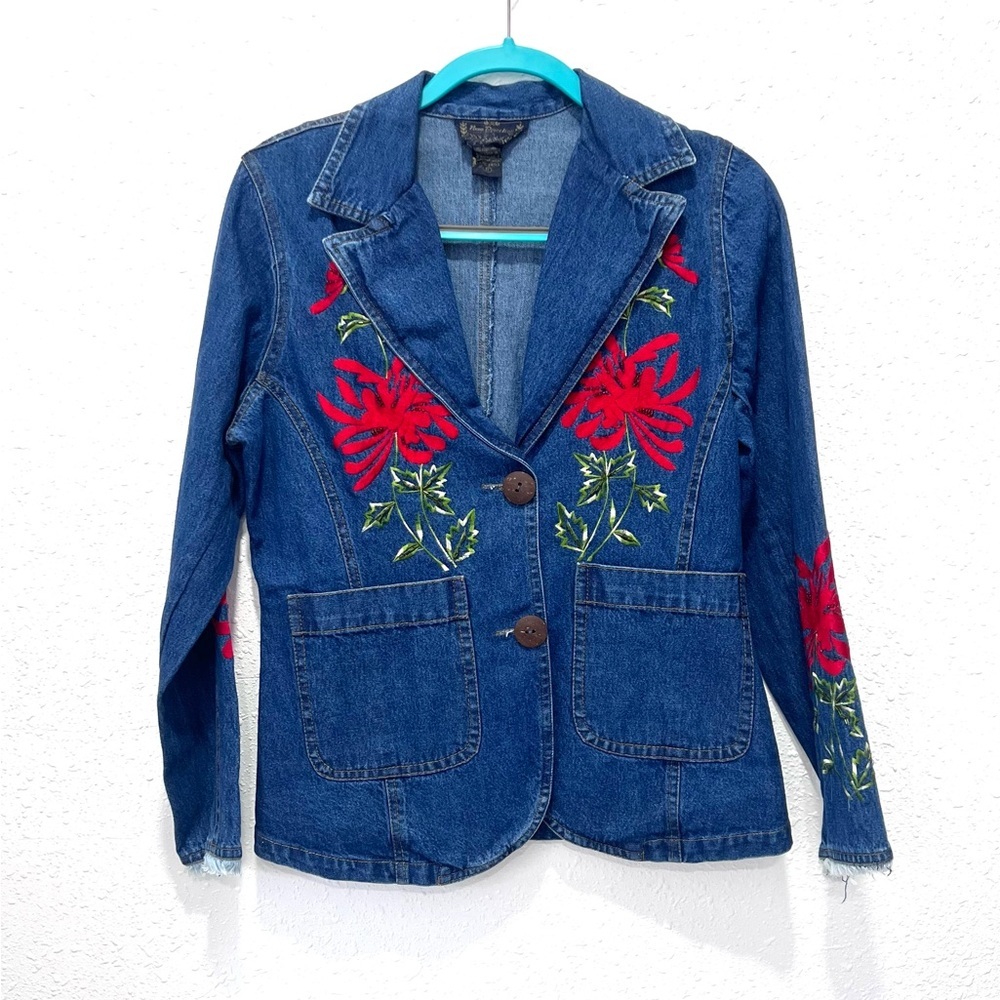 New Directions Blue Jean Jacket with Red Floral Embroidery small